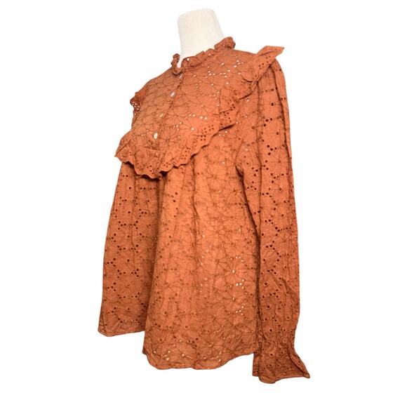 Andree By Unit Women's Eyelet Blouse Large Autumn Rust Romantic Ruffled‎ Cottage - Picture 3 of 9